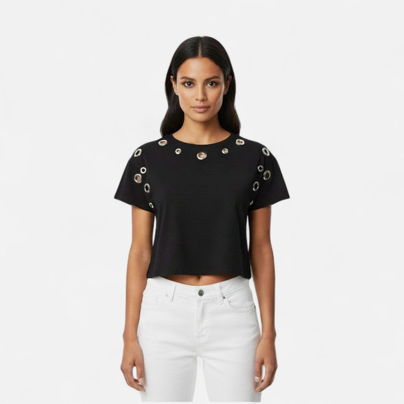 Good American Tops - Good American Peepin' Grommet Cotton-Blend Cropped Tee - Small